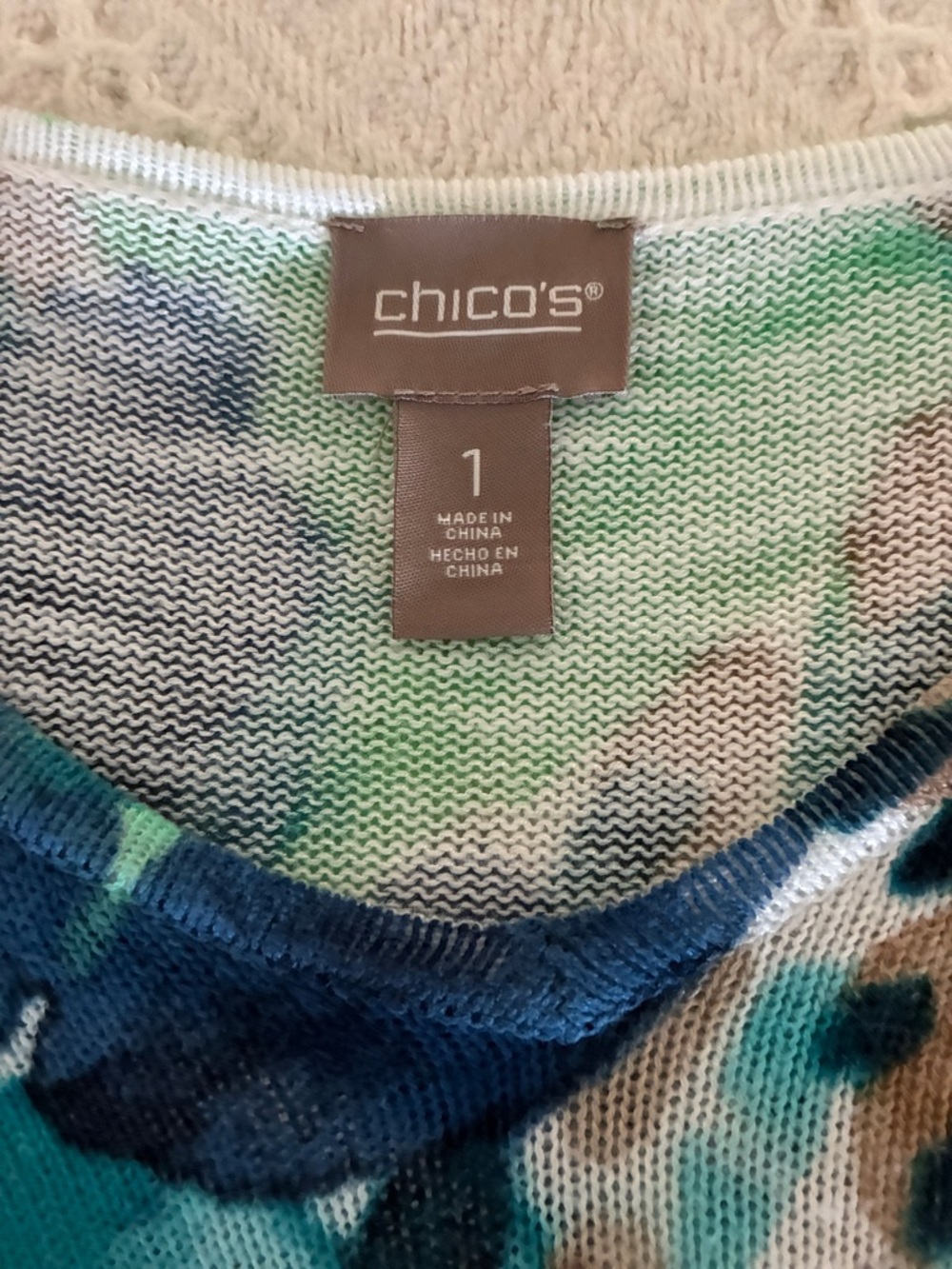 Chico's Teal Aqua Floral Scoop Neck Long Sleeve Top